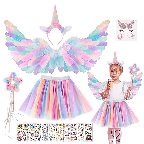 BETESSIN Einhorn Kostüm Kinder Mädchen Feder Flügel Bunte Engelsflügel mit Prinzessin Tutu Rock Einhörner Haarreif Zaubstab 11x Tattoos Halloween Karneval Weihnachten Party Cosplay 15TLG Set von BETESSIN