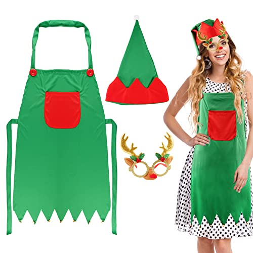 BETESSIN Faschingskostüme Weihnachtswichtel Kostüme Fasching Weihnachtself Kostüme Set, Weihnachtself Schürze + Elf Hut + Geweih Brille für Karneval Weihnachten Cosplay Kostümparty von BETESSIN