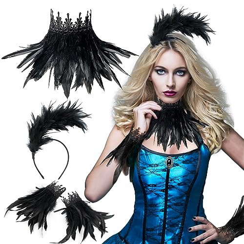 BETESSIN Feder Haarreif Halsband Feder Manschetten 3Pcs 20er Jahre Halloween Karneval Fasching Kostüm Flapper Vintage Fascinator Party Schwarz Accessoires für Damen von BETESSIN