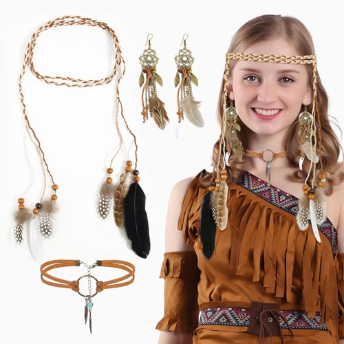 BETESSIN Feder Stirnband Boho Kopfschmuck Indianer Haarband Traumfänger Ohrringe Leder Halskette Indianerin Hippe Kostüm Faschingskostüm Mottoparty Karneval Retro Party Cosplay von BETESSIN