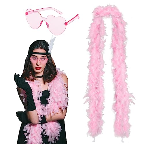 BETESSIN Federboa 200cm Rosa Federschal 60g mit Herz Brille Karneval Kostüm Accessoire 20er Jahre Charleston Flapper Fasching Mottoparty Cosplay Party Tischdeko Hochzeitsdeko von BETESSIN