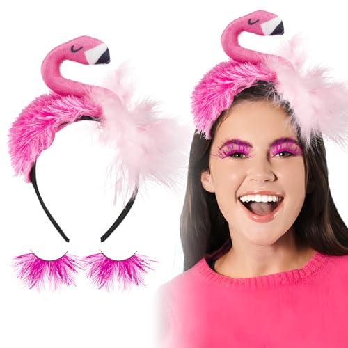 BETESSIN Flamingo Kostüm Damen Flamingo Haarreif mit Künstliche Wimpern Rosa Fasching Karneval Feder Wimpern Flamingos Party Cosplay Feder Stirnband Faschingskostüm Accessoire von BETESSIN