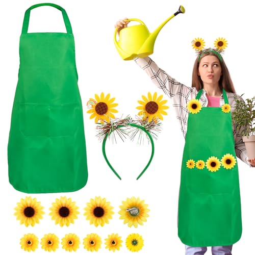 BETESSIN Gärtnerschürze Fasching Sonnenblumen Haarreif Karneval Gärtnerin Kostüm Damen Schürze Grün Gärtner 12pcs Faschingskostüm Sonnenblumen Stirnband Clips Mottoparty Cosplay von BETESSIN