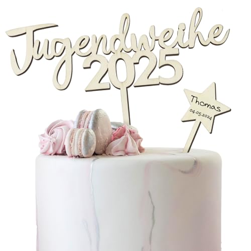 BETESSIN Jugendweihe Tortendeko Holz - Jugendweihe 2025 Tortenstecker & Stern Cake Topper - Originelle Kuchendekoration zur Jugendweihe für Junge & Mädchen von BETESSIN