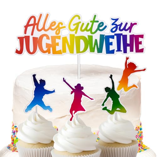 BETESSIN Jugendweihe Tortendeko Set Bunt - inkl. Alles Gute zur Jugendweihe Tortenstecker und 4 Cupcake Toppers - Papier Kuchendekoration für die Jugendliche zur Jugendweihe uvm. von BETESSIN