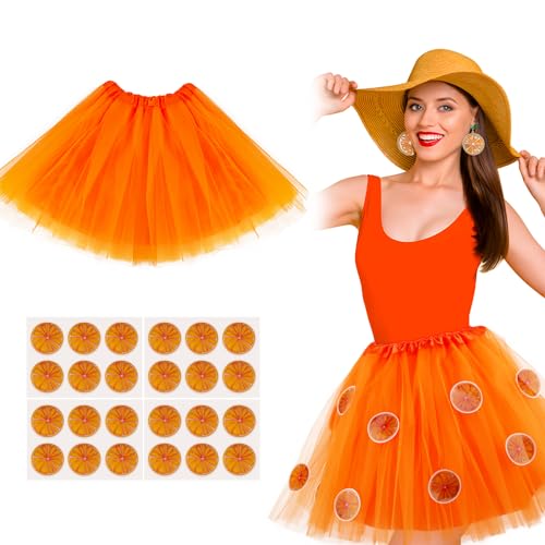 BETESSIN Karneval Kostüm Damen Tüllrock Orange Rock Kurz Tuturock 50er Faschingskostüm Zubehör mit 24 Orange Aufkleber Sticker Tanzrock Kostüm Accessories Mottoparty von BETESSIN