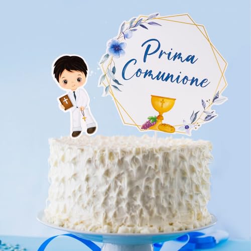 BETESSIN Kommunion Tortendeko Set - Prima Comunione - Italienische Cake Topper zur Kommunion für Junge und Mädchen (Blau) von BETESSIN