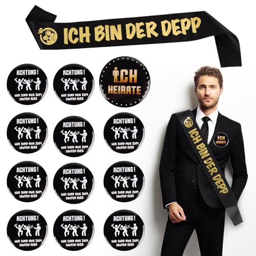 BETESSIN Lustige JGA Männer Accessoires Schwarz Gold - inkl. 1 Schärpe und 12 JGA Buttons - Witzige Geschenkidee für Junggesellenabschied Männer von BETESSIN