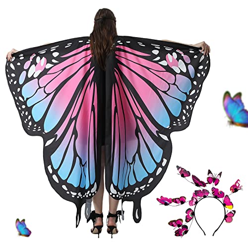 BETESSIN Schmetterling Kostüm Umhang Damen mit Schmetterling Haarreifen Faschingskostüme Schmetterling Flügel Poncho Schmetterlingsflügel Umhänge für Halloween Karneval Party Cosplay Blaurosa B von BETESSIN