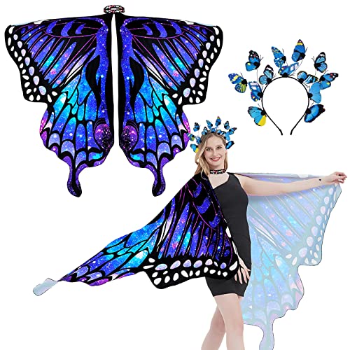 BETESSIN Schmetterling Kostüm Umhang Damen mit Schmetterling Haarreifen Faschingskostüme Sternenhimmel Schmetterling Flügel Poncho Schmetterlingsflügel für Halloween Karneval Party Cosplay Blau von BETESSIN