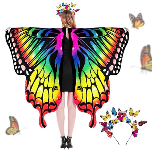 BETESSIN Schmetterling Kostüm Umhang Damen mit Schmetterling Haarreifen Faschingskostüme Sternenhimmel Schmetterling Flügel Poncho Schmetterlingsflügel für Halloween Karneval Party Cosplay Bunt von BETESSIN