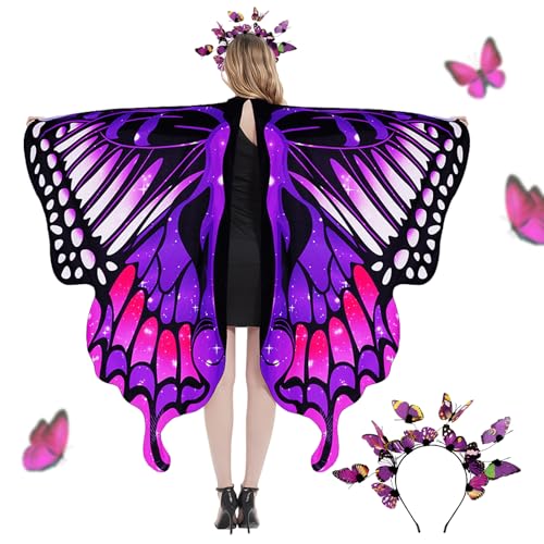 BETESSIN Schmetterling Kostüm Umhang Damen mit Schmetterling Haarreifen Faschingskostüme Sternenhimmel Schmetterling Flügel Poncho Schmetterlingsflügel für Halloween Karneval Party Cosplay Lila von BETESSIN