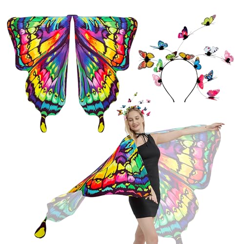 BETESSIN Schmetterling Umhang Damen Schmetterling Kostüm mit Haarreif Schmetterlingsflügel Faschingskostüme Flügel Schal Poncho für Halloween Karneval Fasching Mottoparty Cosplay Bunt C von BETESSIN