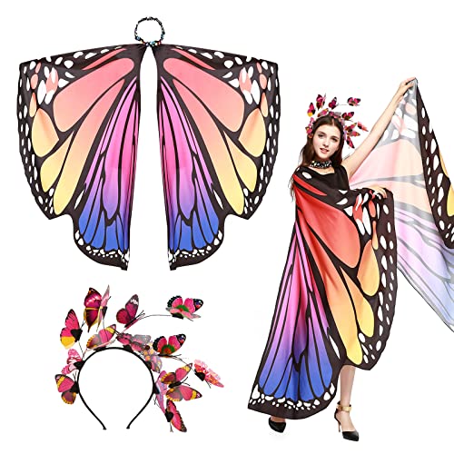 BETESSIN Schmetterling Umhang Damen mit Haarreif Schmetterlingsflügel mit Strassdruck Halsband Karnevalskostüme Schmetterling Flügel Kostüm Schal Poncho für Halloween Fasching Party Cosplay von BETESSIN