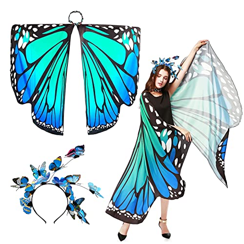 BETESSIN Schmetterling Umhang Damen mit Haarreif Schmetterlingsflügel mit Strassdruck Halsband Karnevalskostüme Schmetterling Flügel Kostüm Schal Poncho für Halloween Fasching Party Cosplay von BETESSIN