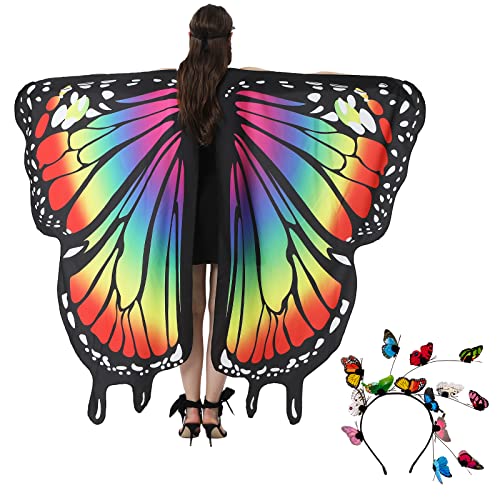 BETESSIN Schmetterling Umhang Damen mit Haarreif Schmetterlingsflügel mit Strassdruck Halsband Karnevalskostüme Schmetterling Kostüm Flügel Schal mit Schwanz für Halloween Fasching Party Cosplay Bunt von BETESSIN