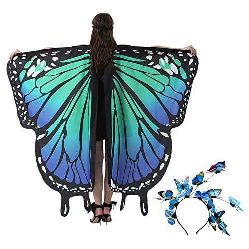 BETESSIN Schmetterling Umhang Damen mit Haarreif Schmetterlingsflügel mit Strassdruck Halsband Karnevalskostüme Schmetterling Kostüm Flügel Schal mit Schwanz für Halloween Fasching Party Cosplay von BETESSIN