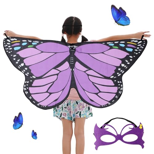 BETESSIN Schmetterling Umhang Kostüm Mädchen mit Maske Schmetterlingsflügel Kinder Faschingskostüm Schmetterling Kostüm Flügel Cape Poncho Halloween Karneval Party Cosplay Klein Lila von BETESSIN