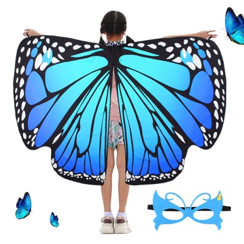 BETESSIN Schmetterling Umhang Kostüm Mädchen mit Maske Schmetterlingsflügel Kinder mit Strassdruck Halsband Faschingskostüm Schmetterling Cape Poncho Halloween Fasching Party Cosplay Groß Blau von BETESSIN