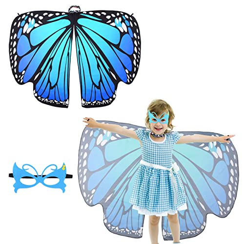 BETESSIN Schmetterling Umhang Kostüm Mädchen mit Maske Schmetterlingsflügel Kinder mit Strassdruck Halsband Faschingskostüm Schmetterling Cape Poncho Halloween Fasching Party Cosplay Groß Blau von BETESSIN