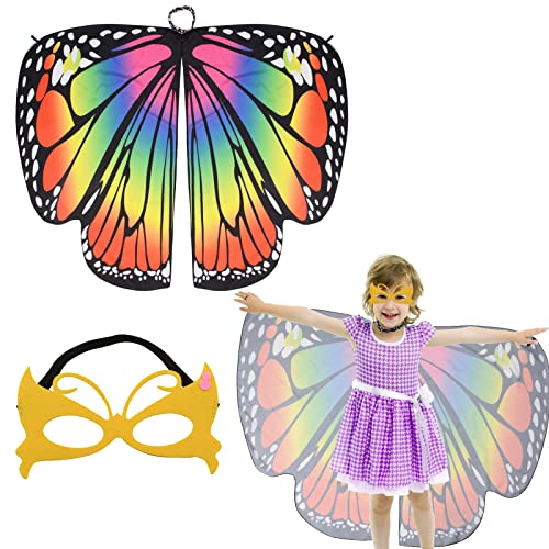 BETESSIN Schmetterling Umhang Kostüm Mädchen mit Maske Schmetterlingsflügel Kinder mit Strassdruck Halsband Faschingskostüm Schmetterling Cape Poncho Halloween Fasching Party Cosplay Groß Bunt von BETESSIN