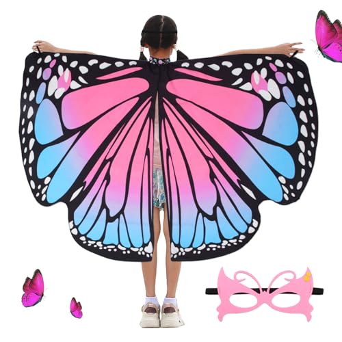 BETESSIN Schmetterling Umhang Kostüm Mädchen mit Maske Schmetterlingsflügel Kinder mit Strassdruck Halsband Faschingskostüm Schmetterling Cape Poncho Halloween Fasching Party Cosplay Groß Bunt von BETESSIN