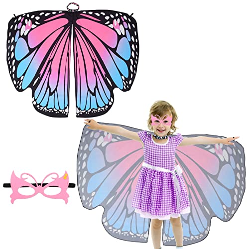 BETESSIN Schmetterling Umhang Kostüm Mädchen mit Maske Schmetterlingsflügel Kinder mit Strassdruck Halsband Faschingskostüm Schmetterling Cape Poncho Halloween Fasching Party Cosplay Groß Bunt von BETESSIN