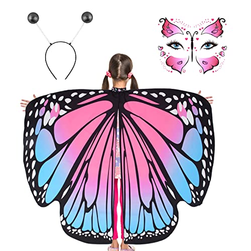 BETESSIN Schmetterling Umhang Kostüm Mädchen mit Stirnband & Gesicht-Sticker Schmetterlingsflügel Kinder 3Pcs Faschingskostüm Schmetterling Cape Poncho Halloween Karneval Party Cosplay Rosablau von BETESSIN