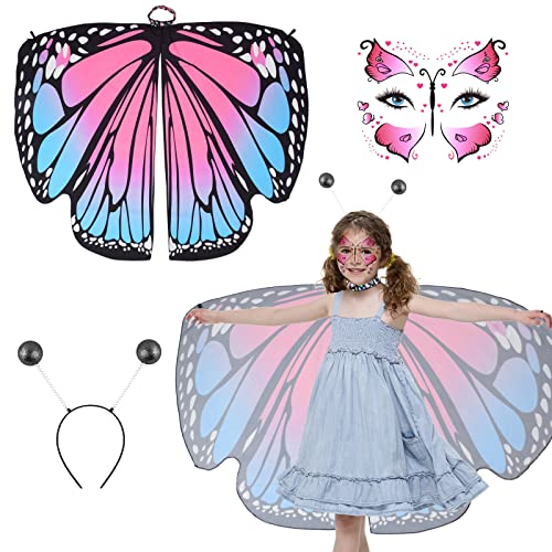 BETESSIN Schmetterling Umhang Kostüm Mädchen mit Stirnband & Gesicht-Sticker Schmetterlingsflügel Kinder 3Pcs Faschingskostüm Schmetterling Cape Poncho Halloween Karneval Party Cosplay Rosablau von BETESSIN