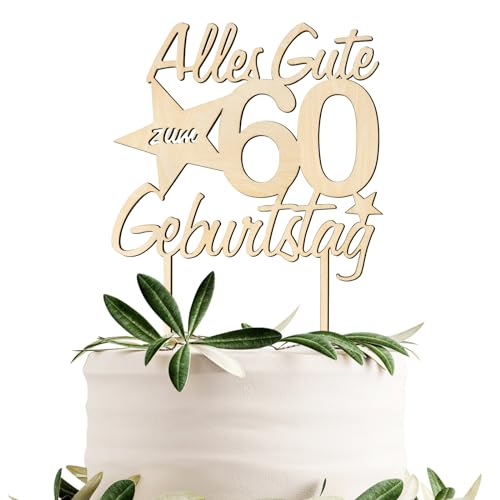 BETESSIN Torten Deko 60 Geburtstag Alles Gute zum Geburtstag 60 Jahre Cake Topper Holz Tortenstecker Happy 60th Birthday Kuchen Topper Kuchendeko 60 Geburstagstorte Deko Frauen Männer von BETESSIN