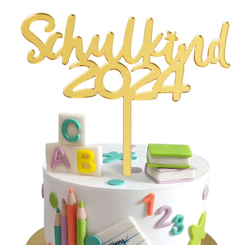 BETESSIN Tortendeko Einschulung Gold - Schulkind 2024 Cake Topper aus Acryl - Schulanfang Kuchendekoration - Schuleinführung Deko Einschulung Mädchen und Jungen von BETESSIN