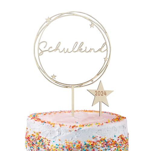 BETESSIN Tortendeko Einschulung Holz - Schulkind 2024 Cake Topper im Sternen Stil - Kuchendekoration zum Schulanfang - Einschulung Deko für Mädchen und Jungen von BETESSIN