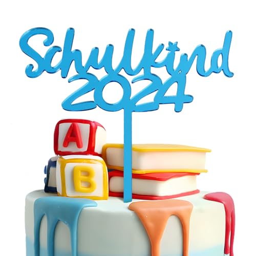 BETESSIN Tortendeko Einschulung Junge Blau - Schulkind 2024 Cake Topper aus Acryl - Schulanfang Kuchendekoration - Schuleinführung Deko für Einschulungstorte von BETESSIN