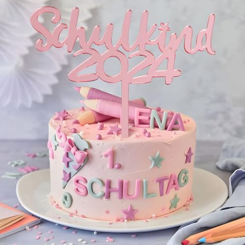 BETESSIN Tortendeko Einschulung Mädchen Rosa - Schulkind 2024 Cake Topper aus Acryl - Schulanfang Kuchendekoration - Schuleinführung Deko für Einschulungstorte von BETESSIN