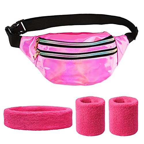 BETESSIN 80er Jahre Damen Outfit Set - inkl. Rosenrote Bauchtasche und Neon-Pinke Schweißbänder - Kostüm Accessoires für 1980er Mottoparty, Neon Party, Karneval, Fasching, Fastnacht UVM. von BETESSIN