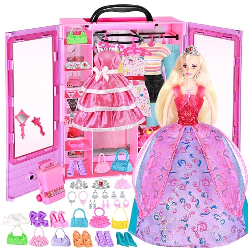 BETTINA My Dreamy Puppenschrank mit über 50 Puppenkleidung und Mode-Zubehör-Set, Prinzessinnen-Puppenkleiderschrank, großer Schrank, Spielset, Weihnachtsgeschenk, Geschenk für Mädchen von 6–12, 3 bis von BETTINA