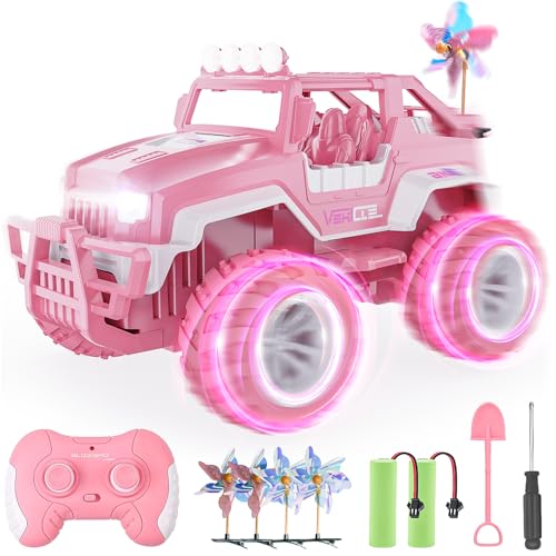 BEZGAR Ferngesteuertes Auto Rosa Jeep - 1:16 SUV Off-Road Auto mit 4 Windmühlen, 80 Min. Spielzeit, LED-Leuchten, 2,4 GHz Monster Trucks, Spielzeugauto Geschenke für Kinder, Mädchen ab 3–12 Jahren von BEZGAR