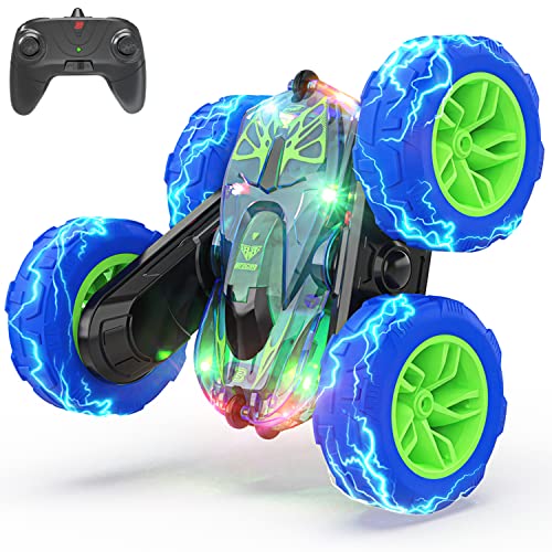 BEZGAR LED Ferngesteuerte Auto - 4WD 2,4 GHz Doppelseitiges RC Stunt Car, 360° Rotations-und-Flip Funktion RC Auto, Wiederaufladbare Spielzeug Geschenke für Jungen Kinder Mädchen, TD203 Blau von BEZGAR