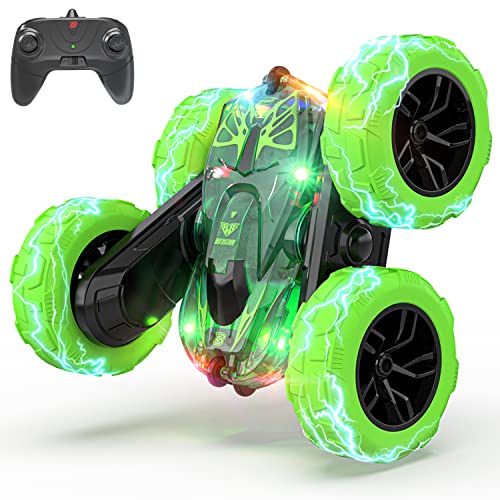 BEZGAR LED Ferngesteuerte Auto - 4WD 2,4 GHz Doppelseitiges RC Stunt Car, 360° Rotations-und-Flip Funktion RC Auto, Wiederaufladbare Spielzeug Geschenke für Jungen Kinder Mädchen, TD203 Grün von BEZGAR