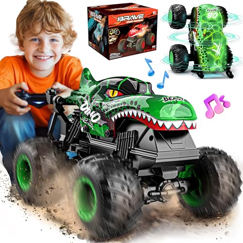 BEZGAR Monster Truck Spielzeug – Monstertruck Ferngesteuert mit Licht und Musik, Dinosaurier Spielzeug RC-Truck Maßstab 1:20 mit 360°-Drehung und Driften, Ferngesteuertes Auto ab 3 4 5 6 7 8 Jahre von BEZGAR