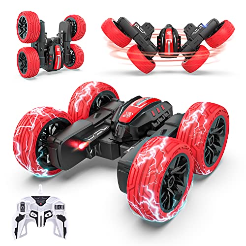 BEZGAR TD202MINI Ferngesteuertes Auto - 4WD 2,4 GHz Doppelseitiges RC Stunt Car, 360° drehendes RC Auto mit LED-Licht, Wiederaufladbare Spielzeug Geschenke für Jungen Kinder Mädchen, Rot von BEZGAR