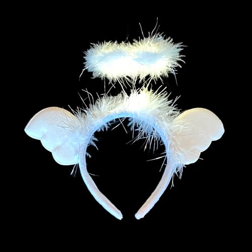 BF Souvenirs LED Plüsch Haarreif ENGEL blinkend Leuchtend in 2 Varianten Heiligenschein Party Angel Junggesellinnen Abschied Hochzeit Karneval Fasching (weiß) von BF Souvenirs