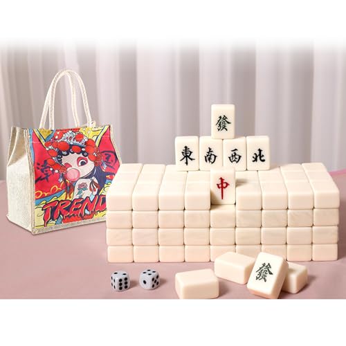 BFNDSSEOU Chinesisches Mahjong-Spiel-Set Mittlere Mahjong-Steine ​​* 144, massives Melamin, mit Aufbewahrungstasche aus Oxford-Stoff im Peking-Opern-Stil + Tischdecke, 30 * 22 * ​​17 mm,(Ivory) von BFNDSSEOU