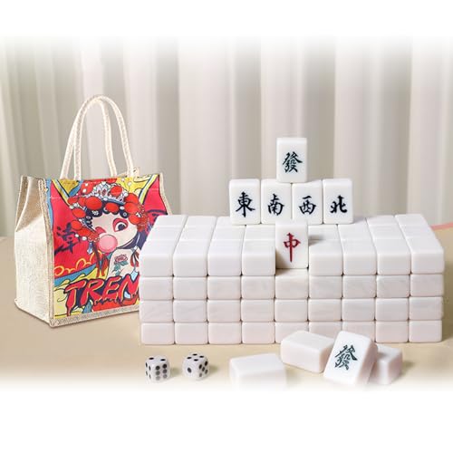 BFNDSSEOU Chinesisches Mahjong-Spiel-Set Mittlere Mahjong-Steine ​​* 144, massives Melamin, mit Aufbewahrungstasche aus Oxford-Stoff im Peking-Opern-Stil + Tischdecke, 30 * 22 * ​​17 mm,(White) von BFNDSSEOU