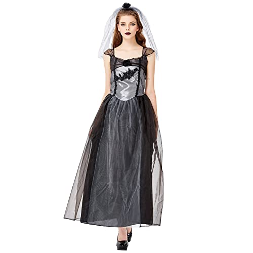 Halloween Kostüm Damen Gothic Geisterbraut Kleid + Schleier Maskerade Vampir Braut Tüll Brautkleid Cosplay Friedhofsbraut Hochzeitskleid Festliche Karneval Rollenspiel Geisterbraut Midikleid von BFSWL