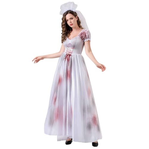 Halloween Kostüm Damen Rollenspiel Geisterbraut Kleid mit Schleier Gruselig Cosplay Vampir Braut Partykleid Blutflecken Friedhofsbraut Maxikleid Festliche Karneval Maskerade Hochzeitskleid von BFSWL