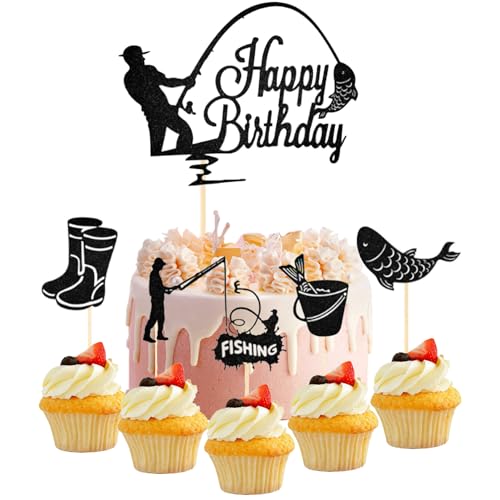 6 Stück Angler Cake Topper,Fische Angeln Deko,Angler Zubehör,Tortendeko Geburtstag Mann,Kuchen DIY Deko,Happy Birthday Tortendeko Fische Angeln Deko Geburtstag für party Jungen Mann Geburtstags von BFUZXY