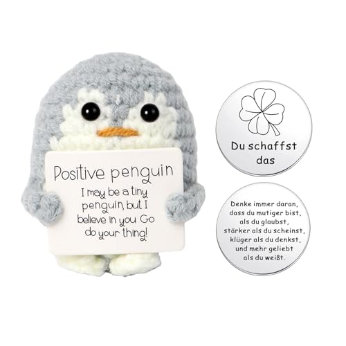 BFUZXY Positive Pinguin Geschenk,6.5CM Mini Geschenke Pinguine mit Karte Positiver Pinguin,Aufmunterung Geschenke für Freundin,Pocket Hug Kleine Doll Deutsch Süßes Gestricktes Pinguin Spielzeug (Grau) von BFUZXY