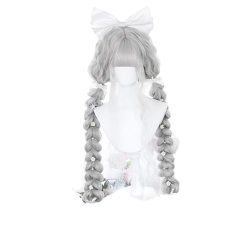 AnimeKostüm,Cosplay Perücke, Kunsthaar, 120 cm lang, lockig, blond, schwarz, Harajuku-Perücke mit Pony, Perücken for Damen, hitzebeständig(Gray) von BFVAKBKYT