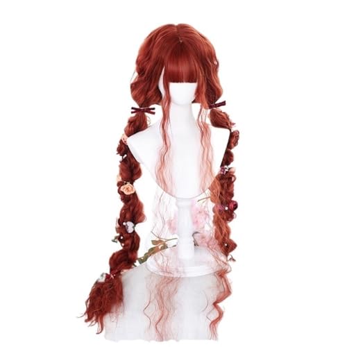 AnimeKostüm,Cosplay Perücke, Kunsthaar, 120 cm lang, lockig, blond, schwarz, Harajuku-Perücke mit Pony, Perücken for Damen, hitzebeständig(Red) von BFVAKBKYT